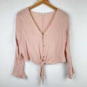Billabong Pale Pink Cropped Tie Front Shirt with Buttons Ruffle Sleeves- Size S